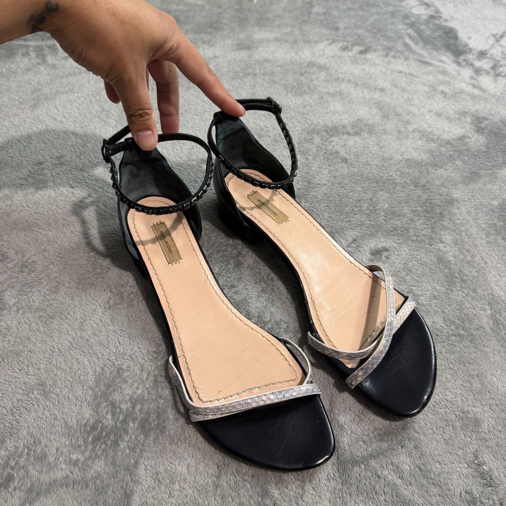 Marc Jacobs Black Leather & Silver Snakeskin Studded Ankle Strap Sandals 41